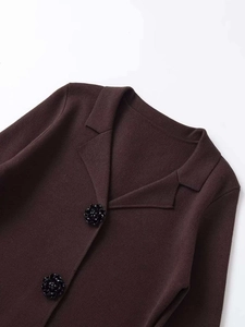 Close-up of knit jacket featuring V-neck lapels and elegant black floral buttons