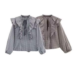 Camicetta da Donna a Quadretti a Maniche Lunghe con Volant Stratificata Collo con Fiocco Camicia Manica a Lanterna Vintage Misto Cotone