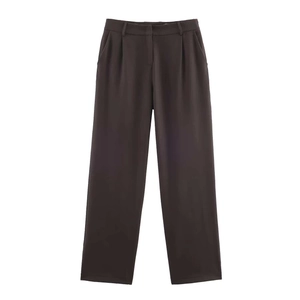 Women's dark brown wide-leg trousers with pleated waist and belt loops in a flat lay view