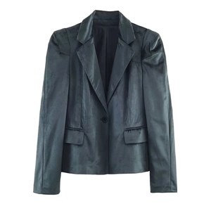Blazer en velours gris foncé pour femme avec revers à cran et boutonnage simple vintage
