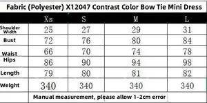 Detailed size chart for the bow V-neck sleeveless mini dress with full measurements