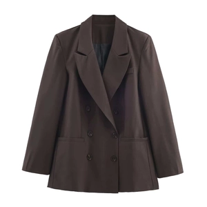 Women's dark brown double-breasted blazer with classic notch lapels and structured fit