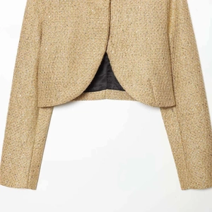 Elegant champagne gold sequined tweed short jacket for women with high-quality texture