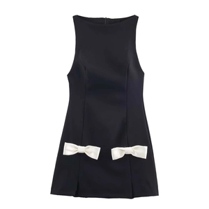 Elegant Bow V Neck Sleeveless Mini Dress Women Solid Color Bodycon Slim Fit Little Black Dress For Summer Commute Daily