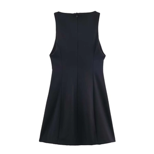 Women's slim fit black V-neck sleeveless A-line mini dress with a bow detail back view