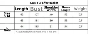 Size chart for brown faux fur jacket with length, chest, shoulder, and sleeve measurements