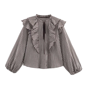 Camicia da donna a quadretti a maniche lunghe con volant a balze e colletto con coulisse