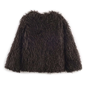 Women's vintage dark brown faux fur coat with plush long hair texture and round neck