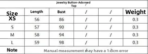 Detailed size guide table for women's jewelry button top including chest and length data