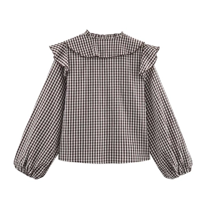 Camicia a maniche lunghe da donna con motivo a quadri e colletto con volant