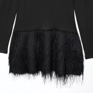 Fashionable black long sleeve dress featuring stylish tassel fringe trim and slim fit design