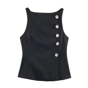 Women Black Sleeveless Camisole Top With Crystal Jewelry Buttons Chic Slim Fit Summer Tank Top For Casual Party