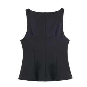 Classic black sleeveless fitted top with square neck and back zipper detail