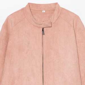 Pink minimalist faux suede jacket with stand collar and zipper closure details