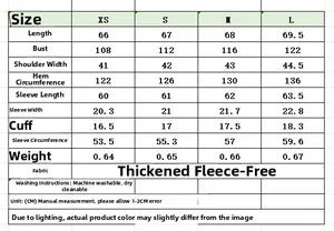 Size chart with measurements in cm for women artificial fur coat in XS, S, M, and L sizes