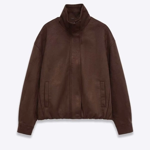 Vintage Dark Brown Faux Suede Jacket Women Stand Collar Loose Fit Zip Up Casual Long Sleeve Autumn Outerwear Coat