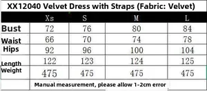 Size chart for velvet spaghetti strap dress showing measurements for XS to L sizes