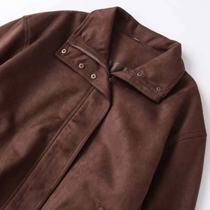 Deep brown faux suede jacket with stand collar and metallic snap buttons