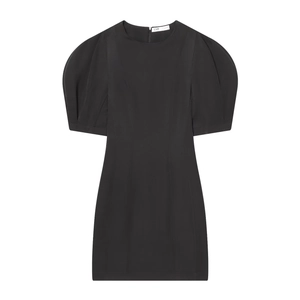 Elegant Solid Black Mini Dress Round Neck Puff Sleeve Stretch Bodycon Pencil Short Dress For Daily Office Party Women