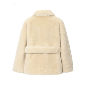 Elegant cream faux fur coat for women featuring a back view with decorative waist belt
