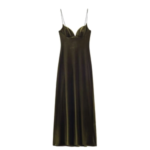 Women's Sexy Velvet Spaghetti Strap Dress Deep V Backless Olive Green Bodycon Maxi Dress For Evening Party Banquet
