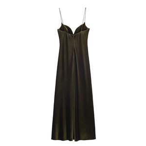Elegant dark green velvet maxi slip dress with thin straps and deep V-back design