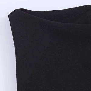 Detail of the V-neckline and fine stitching on a black sleeveless summer dress