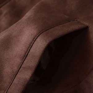 Deep brown faux suede vintage jacket with stand collar and detailed side pocket stitching