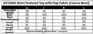 Size chart for textured short jacket showing measurements in cm from sizes XS to L