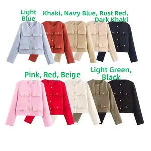 Detail view of ten colors for women's tweed short jacket with four pockets and gold buttons