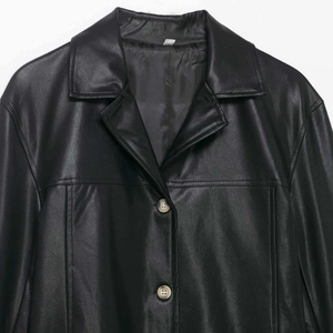 Classic black faux leather blazer with notched lapels and button closure for women
