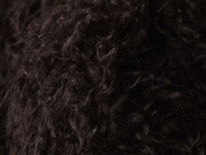 Macro texture of deep brown curly faux fur material for vintage winter jacket