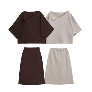 Women's Elegant Knitted Two Piece Set Asymmetrical Lapel Collar Half Sleeve Top And Midi Skirt Solid Color Autumn Commuter Knitwear