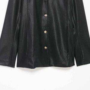 Minimalist black PU leather blazer with classic notch collar and single-breasted button closure