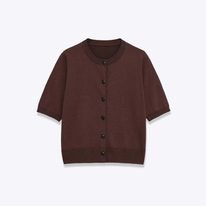 Women's Vintage Dark Brown Short Sleeve Knit Cardigan Round Neck Single Breasted Button Up Sweater Top Casual Knitwear