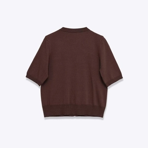 Deep brown short sleeve knit cardigan for women with ribbed trim and crew neck back view