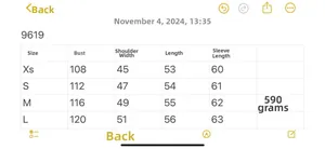 Size guide table for women shearling jacket with chest and length dimensions