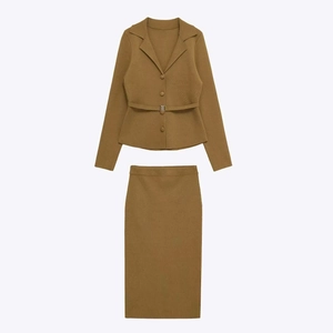 Women Elegant Belted Knit Top And Bottom Ribbed Long Sleeve Cardigan And Midi Slit Skirt Camel Commuter Fashion Outfits