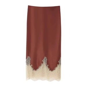 Women Summer Satin Lace Trim Midi Skirt Reddish Brown High Waist Zipper Patchwork Elegant Commuter Fashion Straight Skirt