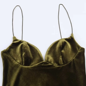 Elegant dark olive velvet camisole dress with thin straps and V-neck cup stitching details