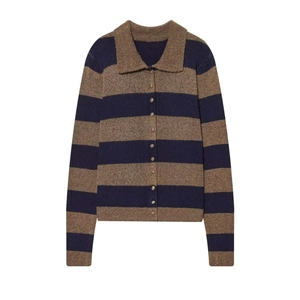 Women Retro Striped Knit Cardigan Polo Lapel Long Sleeve Single Breasted Casual Contrast Color Button Up Sweater Top