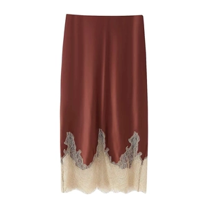 Elegant rust red satin midi skirt featuring delicate cream eyelash lace trim at the hem