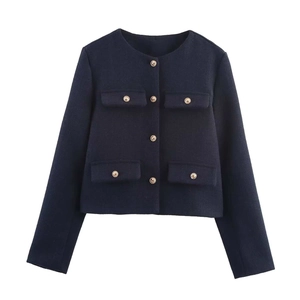 Classic navy tweed cropped jacket with round neck and elegant gold button details