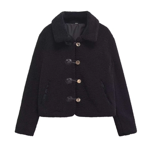Black faux shearling short jacket with stylish toggle buttons and a lapel collar