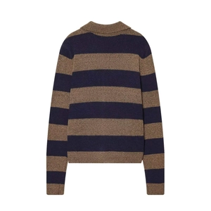 Vintage navy and brown striped knit sweater with polo collar and ribbed cuffs
