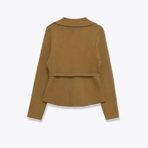 Knitted long sleeve cardigan with belt in dark ginger brown showing the back view