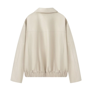 Back view of cream faux leather jacket showing drop shoulders and elasticized hem