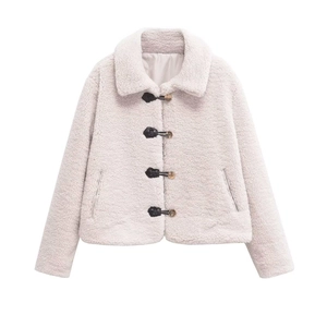 Women's cream short faux shearling jacket with toggle buttons and classic collar