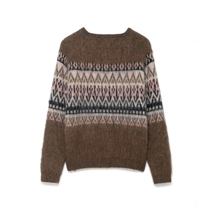 Brown knit sweater with vintage geometric jacquard pattern and soft mohair texture