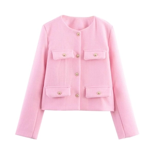 Elegant pink tweed jacket for women featuring gold buttons and a four-pocket design